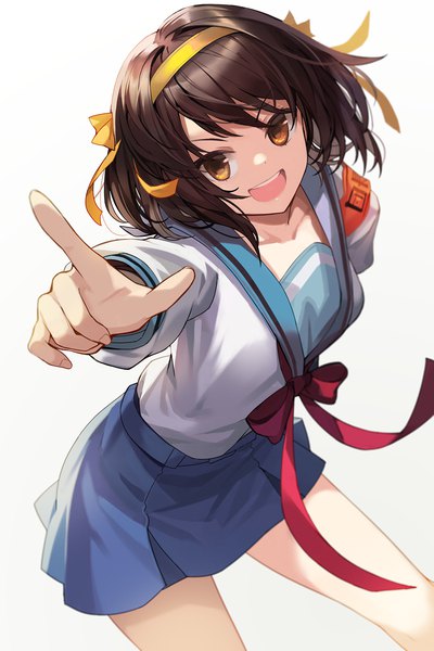Anime picture 1167x1750 with suzumiya haruhi no yuutsu kyoto animation suzumiya haruhi goomrrat single tall image looking at viewer short hair open mouth simple background smile brown hair standing white background brown eyes :d outstretched arm pointing at viewer girl skirt