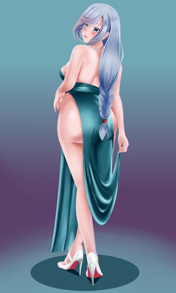 Anime picture 3058x5090 with genshin impact shenhe (genshin impact) ronikx art single long hair tall image looking at viewer blush fringe highres breasts blue eyes light erotic simple background large breasts standing bare shoulders absurdres silver hair full body