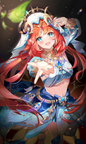 Anime picture 2100x3500 with genshin impact nilou (genshin impact) crystalfly (genshin impact) kokonex single long hair tall image looking at viewer blush highres open mouth blue eyes signed red hair nail polish traditional clothes :d midriff outstretched hand girl