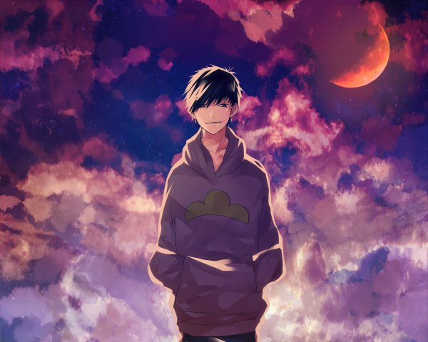 Anime picture 1200x960 with osomatsu-san matsuno ichimatsu selloum single looking at viewer fringe short hair black hair smile standing black eyes hands in pockets purple background smirk boy hood moon hoodie