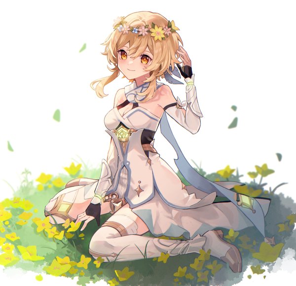 Anime picture 3422x3306 with genshin impact lumine (genshin impact) kino (m6t2a) single fringe highres short hair blonde hair smile hair between eyes sitting yellow eyes absurdres outdoors wariza girl dress flower (flowers) detached sleeves white dress