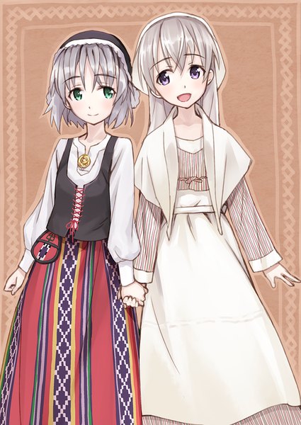 Anime picture 850x1200 with strike witches sanya v. litvyak eila ilmatar juutilainen matsuryuu tall image short hair open mouth purple eyes multiple girls green eyes silver hair traditional clothes holding hands girl dress skirt 2 girls apron headscarf