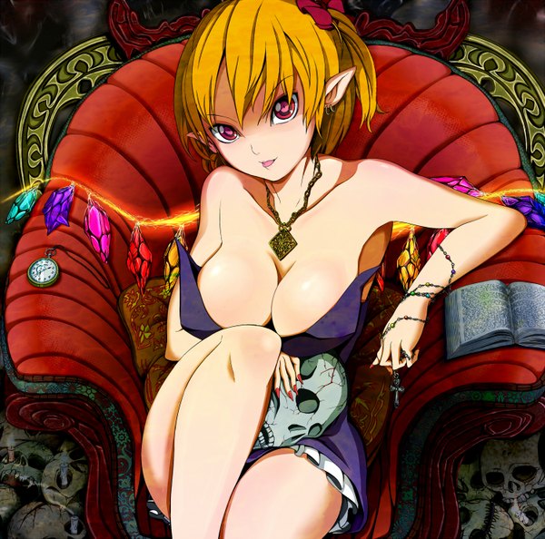 Anime picture 1500x1487 with touhou flandre scarlet reri (artist) single short hair breasts light erotic blonde hair red eyes cleavage nail polish pointy ears :p girl wings book (books) jewelry cross clock skull