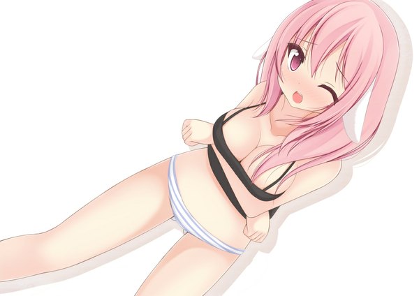 Anime picture 1062x751 with original chimunge single long hair blush breasts open mouth light erotic simple background white background pink hair one eye closed pink eyes wink girl underwear panties striped panties