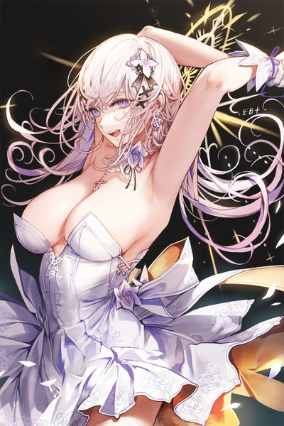 Anime picture 800x1200 with original kim eb single long hair tall image looking at viewer fringe breasts open mouth light erotic simple background blonde hair smile hair between eyes large breasts standing purple eyes signed cleavage :d