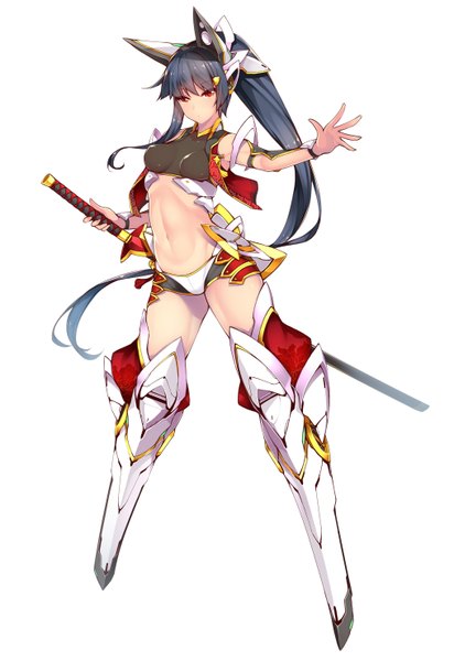 Anime picture 2031x2952 with original dean single tall image looking at viewer fringe highres breasts light erotic black hair simple background red eyes white background animal ears ponytail very long hair outstretched arm fake animal ears girl navel
