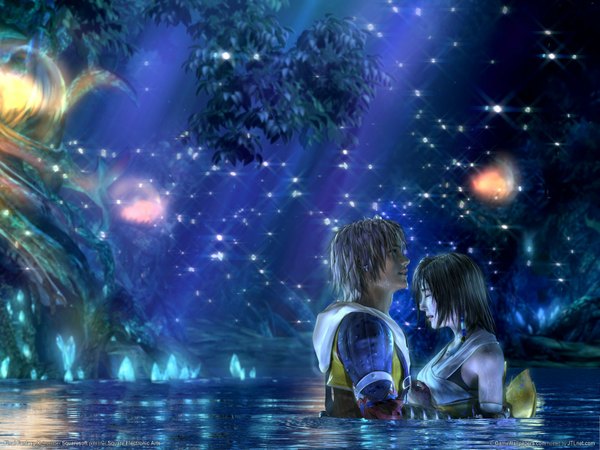 Anime picture 1600x1200 with final fantasy final fantasy x square enix yuna (ff10) tidus short hair blonde hair brown hair sky night crying water