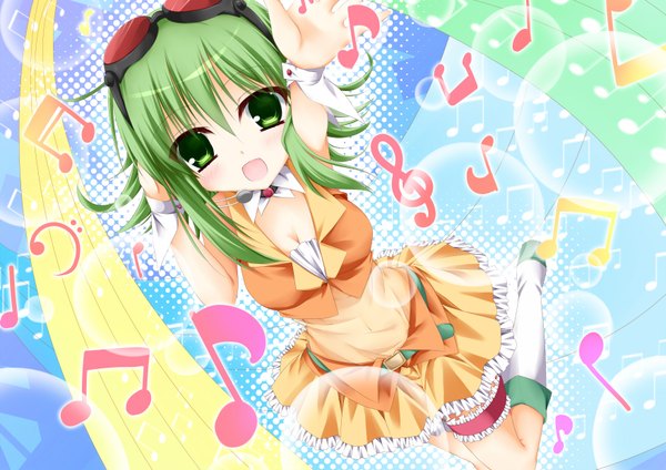 Anime picture 1754x1240 with vocaloid gumi shisui (kachoufuugetsu) single looking at viewer blush highres short hair open mouth green eyes green hair girl dress glasses boots frills musical note