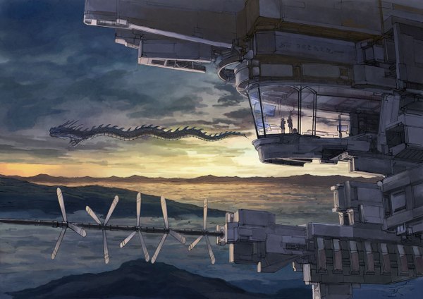 Anime picture 1300x920 with original k kanehira sky cloud (clouds) evening sunset flying futuristic dragon aircraft people airship