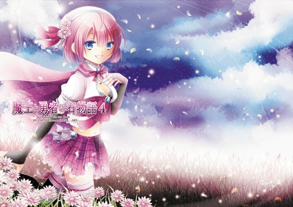 Anime picture 1051x744 with original aki (artist) single short hair blue eyes smile pink hair cloud (clouds) girl thighhighs flower (flowers) black thighhighs miniskirt petals beret