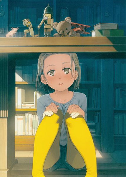 Anime picture 2479x3478 with original tnk (yoshida seiji) - fleurette yoshida seiji single tall image looking at viewer highres short hair breasts open mouth brown hair sitting brown eyes parted lips sunlight scan no shoes hand on knee legwear under shorts under the table