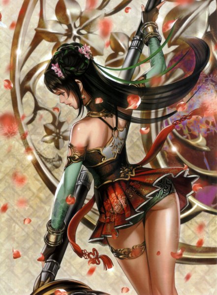 Anime picture 2456x3337 with shin sangoku musou guan yinping midori foo single long hair tall image highres light erotic black hair bare shoulders looking away hair flower wind back girl gloves hair ornament flower (flowers) weapon detached sleeves