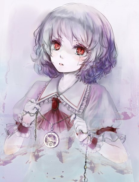 Anime picture 800x1042 with touhou remilia scarlet childofa single tall image looking at viewer blush short hair red eyes purple hair tears girl dress clock pocket watch