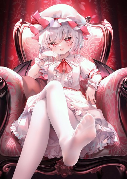 Anime picture 2508x3541 with touhou remilia scarlet chen bin single tall image looking at viewer blush fringe highres short hair open mouth light erotic smile hair between eyes red eyes sitting white hair :d crossed legs soles