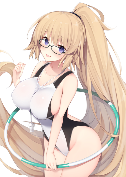 Anime picture 893x1253 with fate (series) fate/grand order jeanne d'arc (fate) (all) jeanne d'arc (swimsuit archer) miko (royal milk) single tall image looking at viewer blush fringe breasts open mouth light erotic simple background blonde hair smile hair between eyes large breasts standing white background