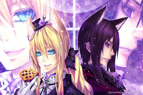 Anime picture 1800x1200 with the legend of sun knight judgment knight sun knight os rabbit cat long hair highres open mouth blue eyes blonde hair purple eyes animal ears purple hair cat ears inscription teeth fang (fangs) zoom layer boy hat food