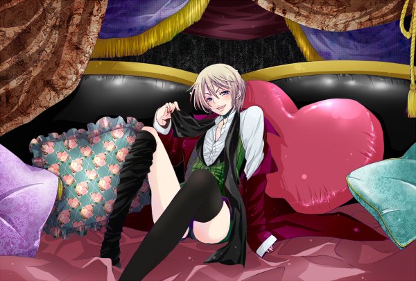 Anime picture 1200x810 with kuroshitsuji a-1 pictures alois trancy blonde hair thighhighs boy pillow couch