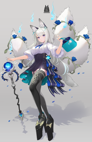 Anime picture 975x1500 with original nanam (nanam sk) single long hair tall image looking at viewer fringe breasts simple background standing purple eyes holding animal ears full body white hair tail blunt bangs nail polish head tilt animal tail