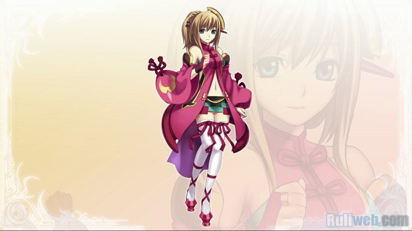 Anime picture 1280x720 with ar tonelico cross edge ar tonelico ii gust (company) aurica nestmile luca truelywaath hirano katsuyuki single looking at viewer fringe blue eyes blonde hair smile hair between eyes wide image standing full body wide sleeves zettai ryouiki watermark