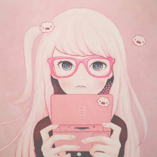Anime picture 6500x6500 with original nintendo kaoru hasegawa single long hair looking at viewer fringe highres blue eyes absurdres parted lips fingernails one side up portrait pink background traditional media spiked hair acrylic paint (medium) girl glasses
