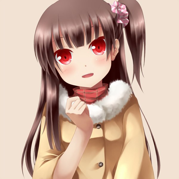 Anime picture 1000x1000 with original sakura yuuya single long hair looking at viewer blush open mouth simple background red eyes brown hair upper body head tilt fur trim one side up girl jacket fur scrunchie