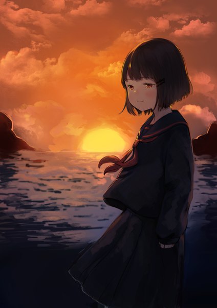 Anime picture 2480x3508 with original ikoan single tall image looking at viewer blush fringe highres short hair black hair sky cloud (clouds) pleated skirt light smile wind orange eyes tears evening sleeves past wrists sunset