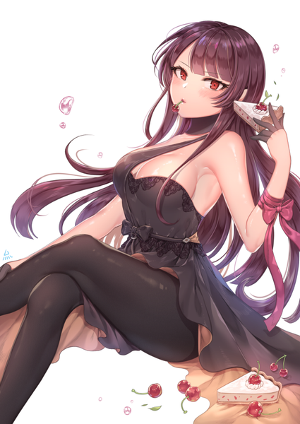 Anime picture 700x989 with girls frontline wa2000 (girls frontline) ozzingo single long hair tall image looking at viewer blush fringe breasts light erotic smile red eyes brown hair large breasts white background sitting cleavage crossed legs sideboob