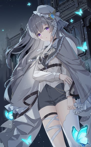 Anime picture 1240x2000 with idolmaster idolmaster shiny colors yuukoku kiriko serika single long hair tall image looking at viewer fringe open mouth standing purple eyes outdoors blunt bangs long sleeves wind grey hair night from below clothes on shoulders
