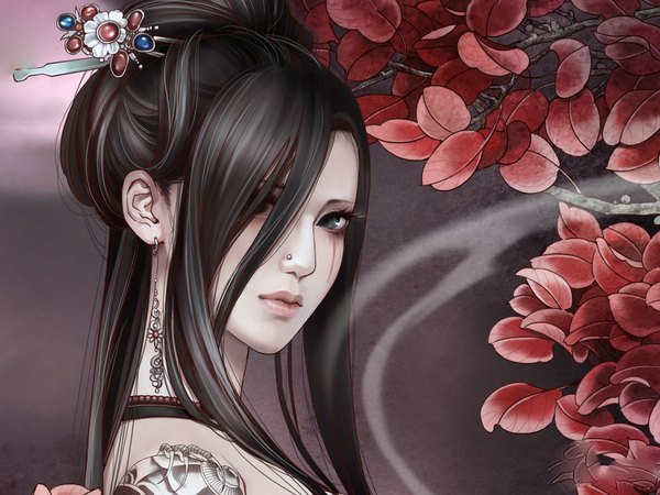 Anime picture 1024x768 with original zhang xiao bai single long hair fringe lips hair over one eye realistic grey eyes piercing girl plant (plants) earrings tree (trees) leaf (leaves)
