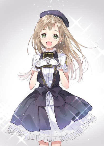 Anime picture 700x982 with original macciatto (aciel02) single long hair tall image looking at viewer open mouth brown hair green eyes :d sparkle girl dress gloves earrings white gloves book (books) beret