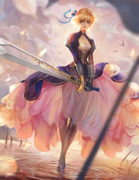 Anime picture 638x825 with fate (series) fate/stay night type-moon artoria pendragon (all) saber jiuge single tall image looking at viewer blush fringe short hair breasts blue eyes blonde hair standing holding sky cleavage cloud (clouds)
