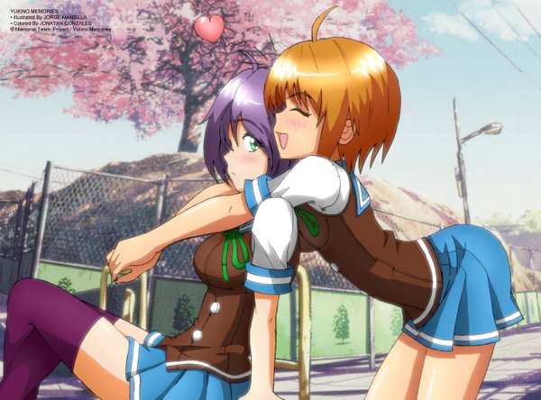 Anime picture 2811x2082 with memories yukino ozawa narumi (memories) zel-sama blush highres short hair open mouth red eyes sitting multiple girls green eyes purple hair ahoge orange hair cherry blossoms girl thighhighs skirt uniform