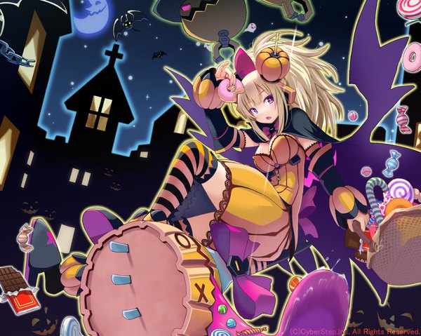 Anime picture 1780x1422 with cosmic break pepo pucchi morizo cs (artist) long hair highres blonde hair red eyes night halloween girl thighhighs dress detached sleeves food sweets striped thighhighs candy vegetables jack-o'-lantern chocolate