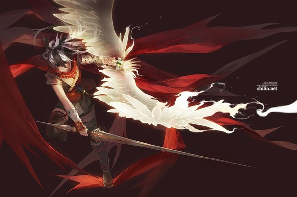 Anime picture 1100x733 with carciphona blackbird shilin single long hair black hair simple background holding signed multicolored hair grey hair two-tone hair black background girl thighhighs weapon wings bracelet scarf bandage (bandages)