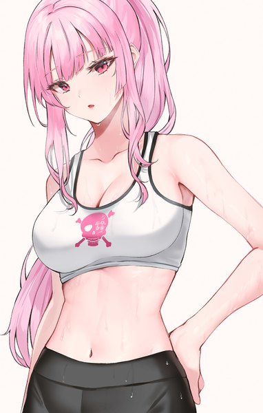 Anime picture 1200x1883 with virtual youtuber hololive hololive english mori calliope mori calliope (streetwear) junkt729 single long hair tall image looking at viewer fringe breasts open mouth light erotic simple background large breasts standing white background bare shoulders payot