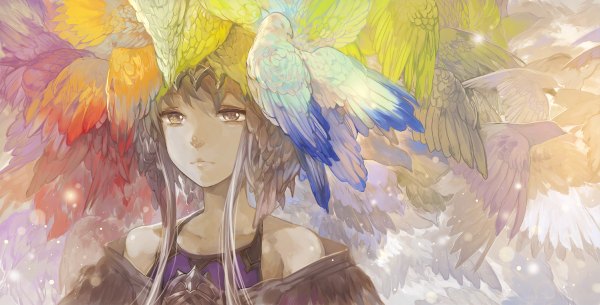 Anime picture 1200x610 with original kouno hitaki (artist) single fringe brown hair wide image brown eyes looking away lips glow girl animal wings bird (birds)