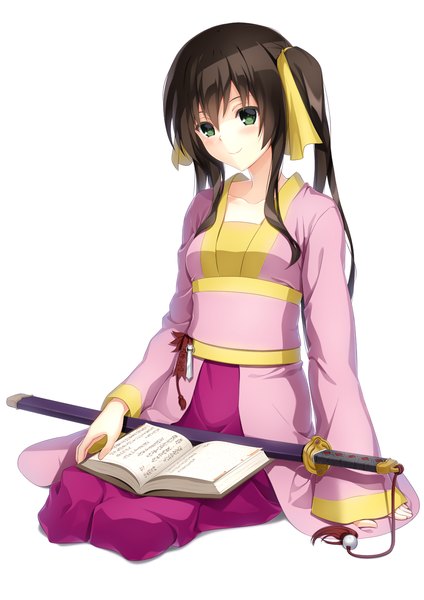 Anime picture 1000x1414 with original seirei911 single long hair tall image blush black hair simple background smile white background twintails green eyes full body traditional clothes japanese clothes girl weapon sword kimono katana