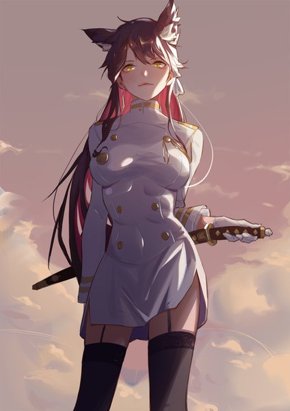 Anime picture 1240x1754 with azur lane atago (azur lane) krin single long hair tall image looking at viewer blush fringe breasts black hair hair between eyes standing holding animal ears yellow eyes sky cloud (clouds) outdoors light smile