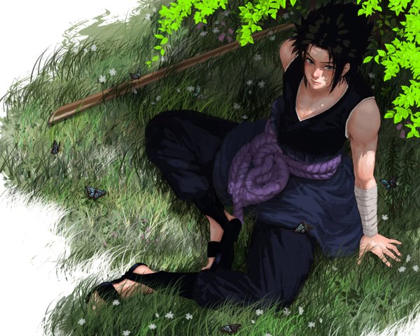 Anime picture 1280x1024 with naruto studio pierrot naruto (series) uchiha sasuke luke (artist) single short hair black hair black eyes muscle boy weapon plant (plants) insect butterfly grass bandage (bandages) rope