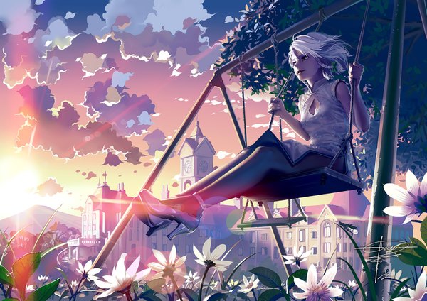 Anime picture 1680x1188 with touhou izayoi sakuya geister single short hair blue eyes cloud (clouds) full body white hair braid (braids) traditional clothes lips sunlight realistic twin braids evening chinese clothes sunset sunbeam girl