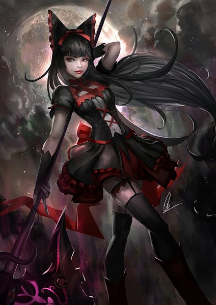 Anime picture 707x1000 with gate - jieitai ka no chi nite kaku tatakaeri a-1 pictures rory mercury cglas single tall image fringe black hair red eyes standing holding signed looking away outdoors very long hair wind lips night from below short sleeves