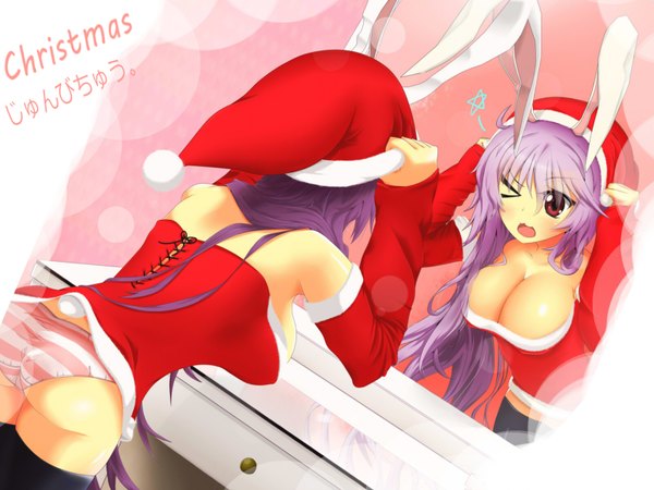 Anime picture 1600x1200 with touhou reisen udongein inaba kekeji kekesan single long hair blush breasts open mouth light erotic red eyes large breasts animal ears purple hair ass tail animal tail one eye closed wink bunny ears