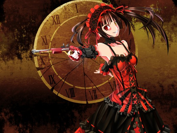 Anime picture 1600x1200 with date a live tokisaki kurumi single long hair black hair smile twintails heterochromia uneven twintails girl dress weapon detached sleeves frills gun musket