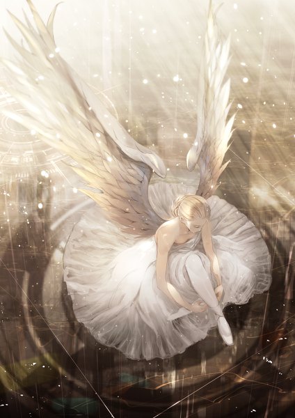 Anime picture 848x1200 with original ryouku single tall image short hair blonde hair bare shoulders cleavage full body bent knee (knees) eyes closed from above sleeveless angel wings ballerina girl dress pantyhose wings shoes