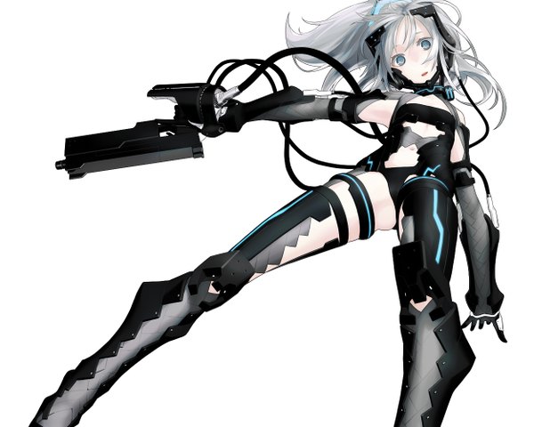 Anime picture 1250x1000 with original robo8 single long hair looking at viewer open mouth light erotic simple background white background grey hair grey eyes girl navel weapon gun cable