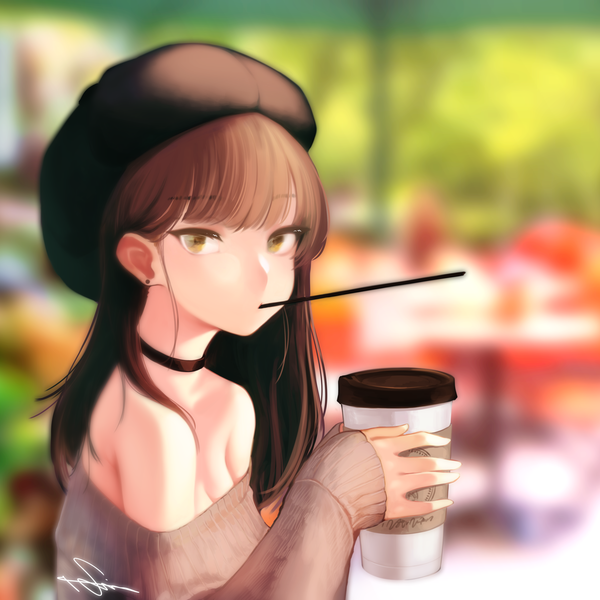 Anime picture 1800x1800 with original dev (dev0614) single long hair looking at viewer fringe highres brown hair bare shoulders holding brown eyes signed upper body outdoors blunt bangs long sleeves blurry off shoulder mouth hold sleeves past wrists