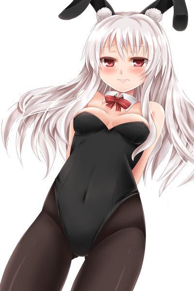 Anime picture 800x1200 with touhou hinanawi tenshi aru gunsou single long hair tall image blush breasts light erotic red eyes animal ears white hair bunny ears transparent background alternate color girl bunnysuit