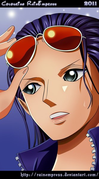 Anime picture 1024x1849 with one piece toei animation nico robin rainempress single long hair tall image open mouth purple hair grey eyes sweat coloring portrait face girl sunglasses