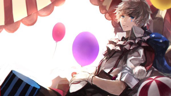 Anime picture 1890x1063 with vocaloid pierrot (vocaloid) swd3e2 single looking at viewer fringe highres short hair blue eyes smile wide image clown boy gloves white gloves ball balloon