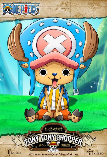 Anime picture 1537x2252 with one piece toei animation one piece world project tony tony chopper bejitsu tekilazo300 single tall image open mouth sitting animal ears horn (horns) black eyes character names plant (plants) animal bag grass bubble (bubbles) cap
